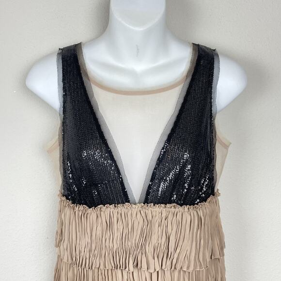 BCBGMAXAZRIA Averil Mesh Sequin Tiered Mini Dress XXS Nude Black Tan - Picture 2 of 10